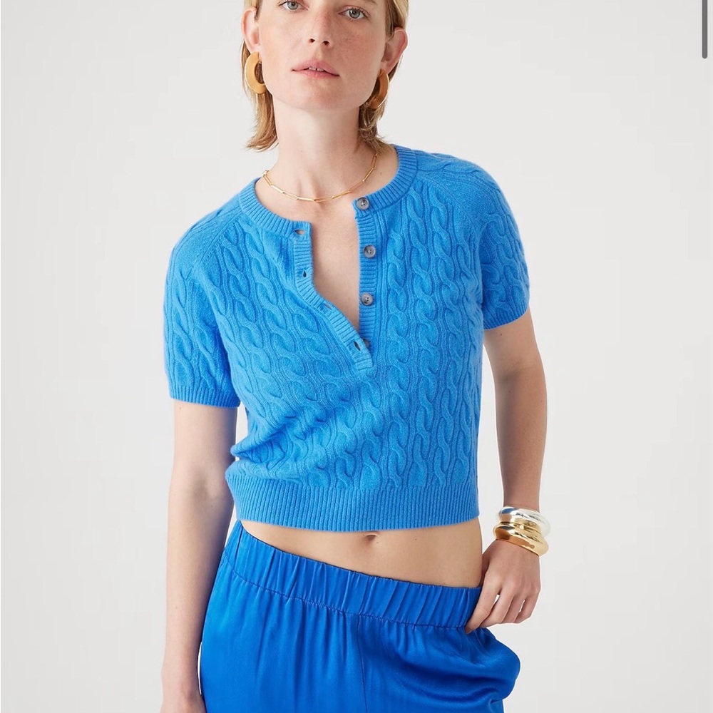 J. Crew Bright Blue Cable Knit Short-Sleeve 100% Cashmere Crop Henley